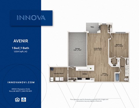 Floor plan for 1 bed, 1 bath, 1024 sqft